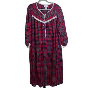 Eileen West Vintage Womens Nightgown Size Large Red Plaid Flannel Pure Cotton